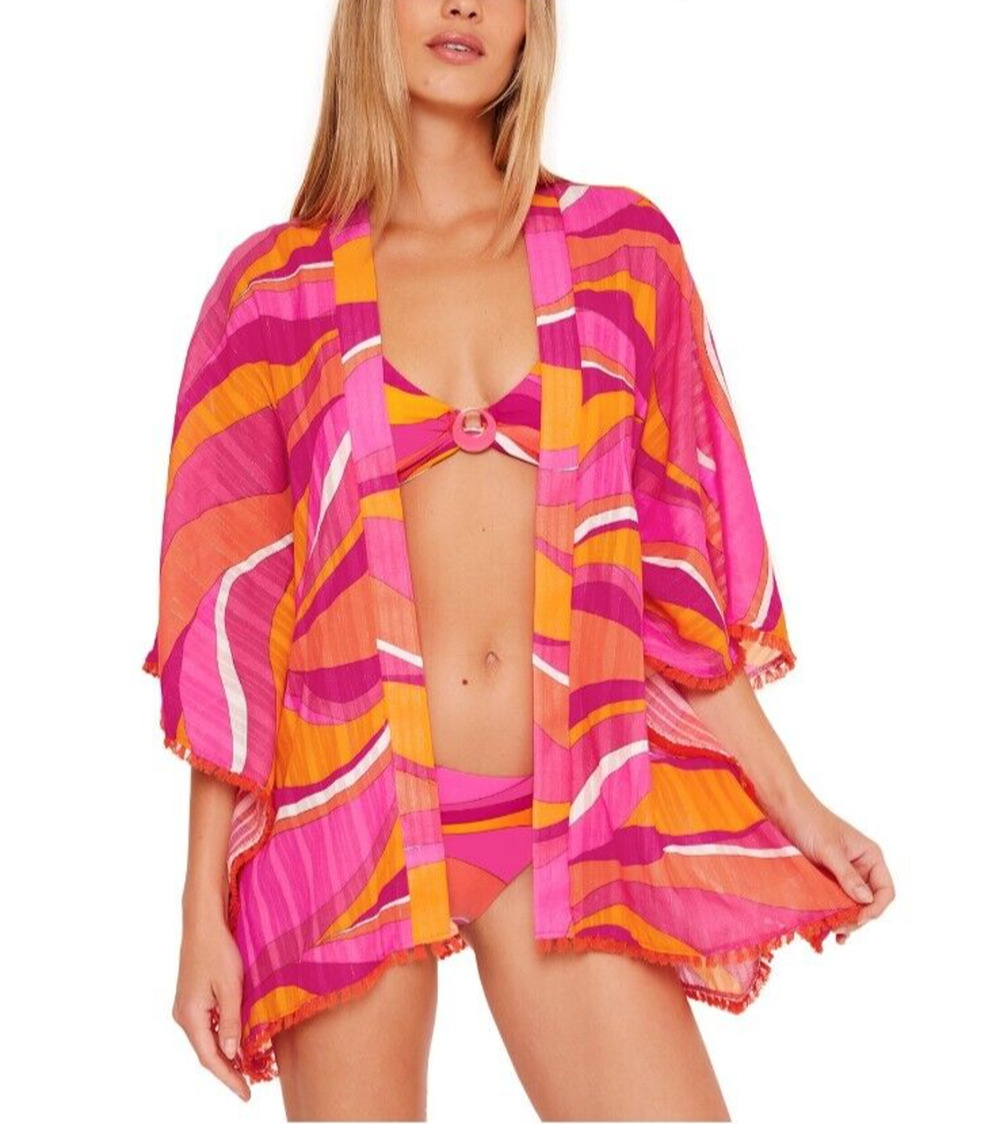 NEW Trina Turk Womens Vivid Vista Fringe Kimono Swimsuit Coverup One Size $152